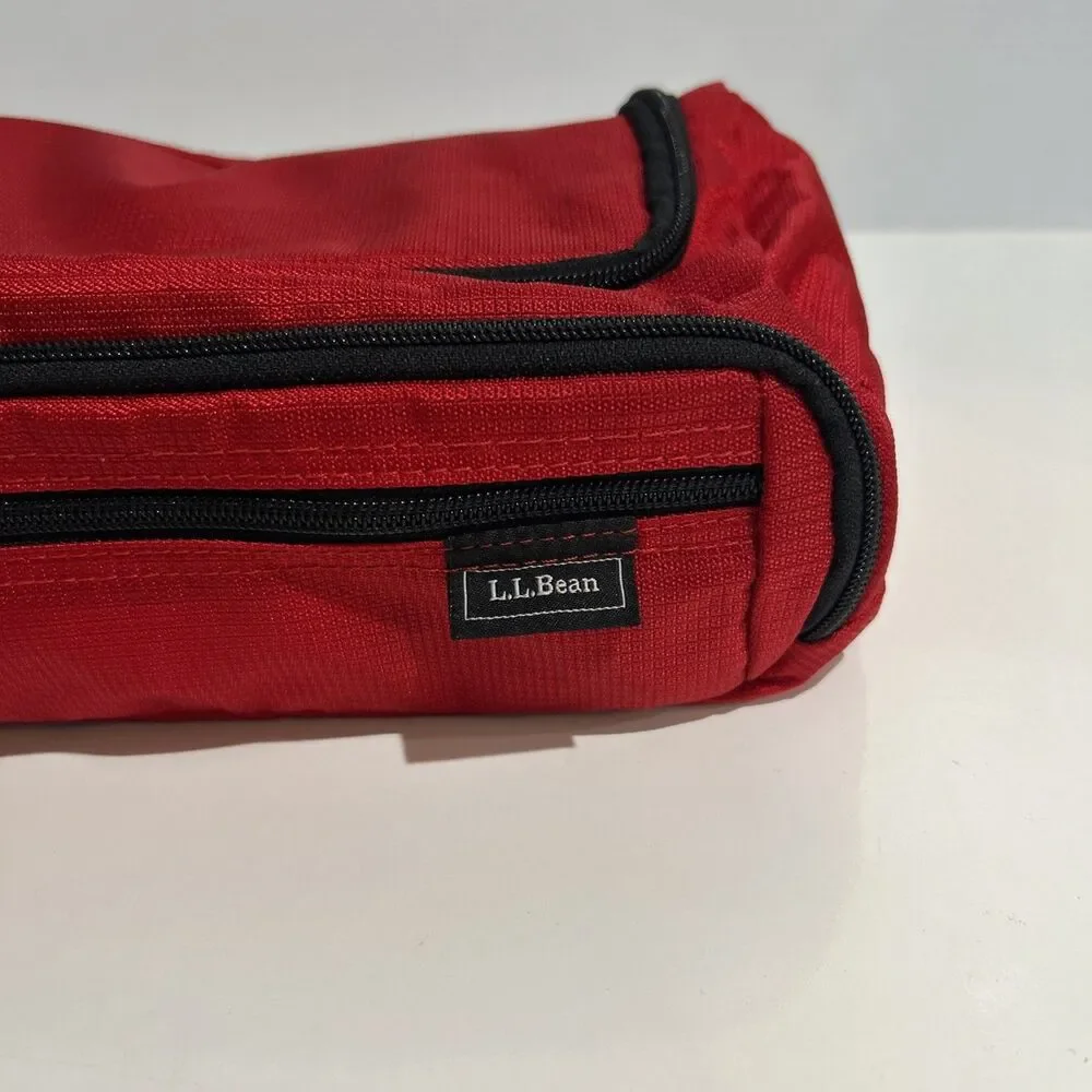 Vintage LL Bean Red Nylon Dopp Kit Travel Toiletry Bag Zippered Pockets